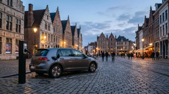 Voiture hybride rechargeable branchée sur une borne publique dans une rue typique d'une ville belge au crépuscule