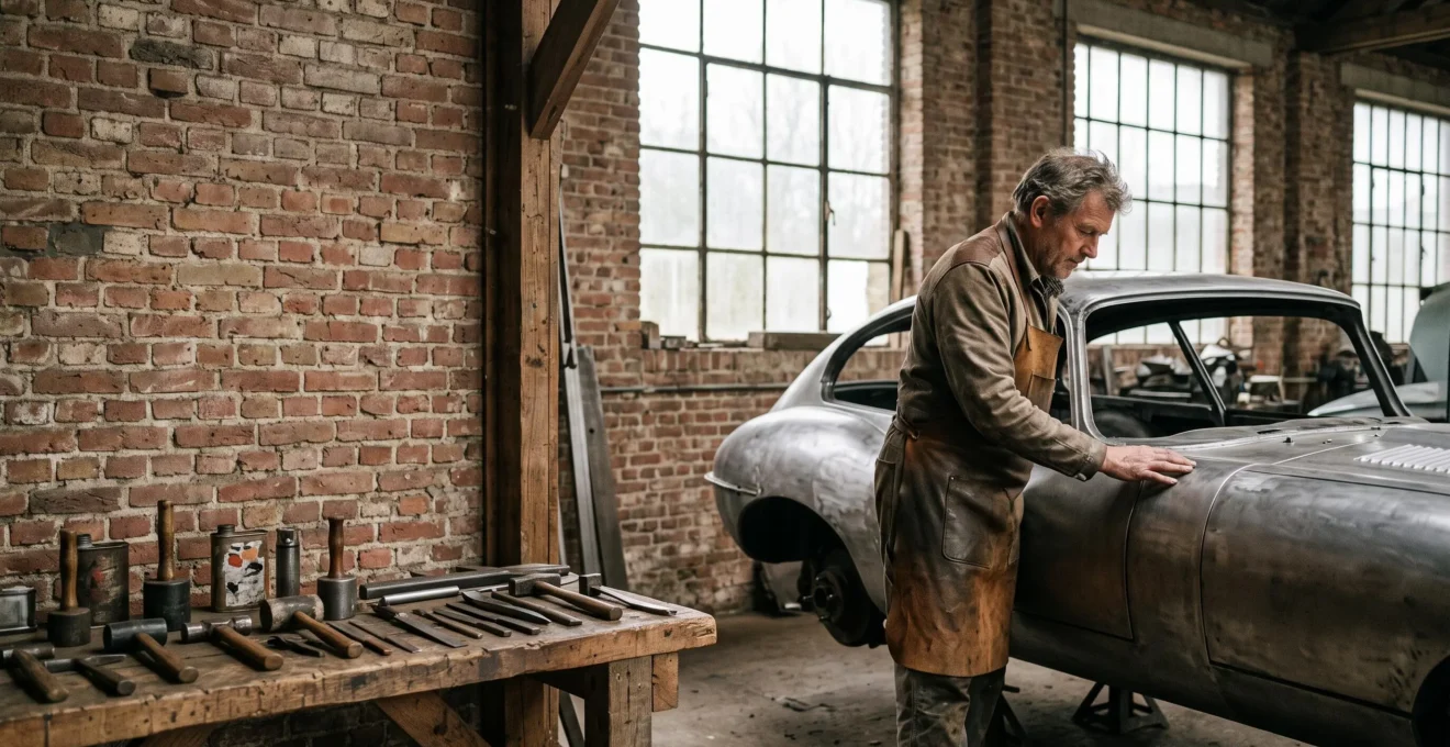 Carrossier restaurant à la main un panneau de tôle d'une voiture des années 60 dans un atelier lumineux en Belgique