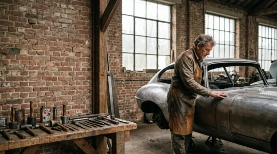 Carrossier restaurant à la main un panneau de tôle d'une voiture des années 60 dans un atelier lumineux en Belgique