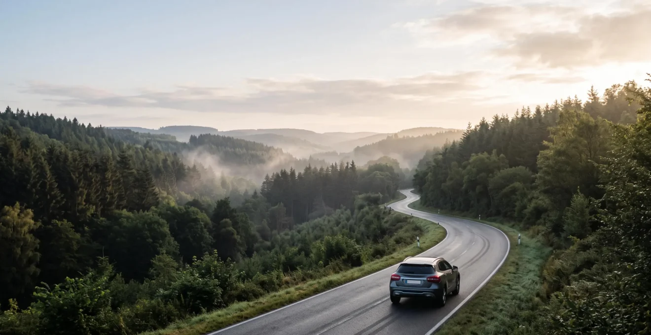 Voiture roulant seule sur une route sinueuse et boisee typique des Ardennes belges au lever du jour, symbolisant le depart d'un road trip depuis Bruxelles