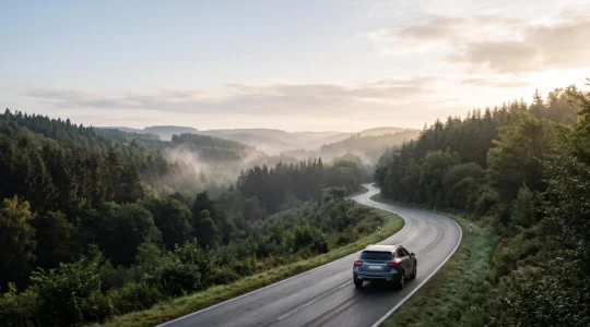 Voiture roulant seule sur une route sinueuse et boisee typique des Ardennes belges au lever du jour, symbolisant le depart d'un road trip depuis Bruxelles