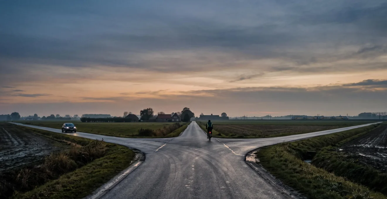Une route belge se divisant en plusieurs chemins symbolisant les choix de mobilite entre 2025 et 2040