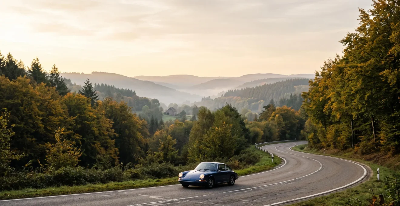 Route sinueuse et panoramique des Ardennes belges parcourue par une voiture lors d'une sortie dominicale