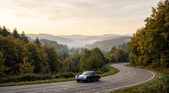Route sinueuse et panoramique des Ardennes belges parcourue par une voiture lors d'une sortie dominicale
