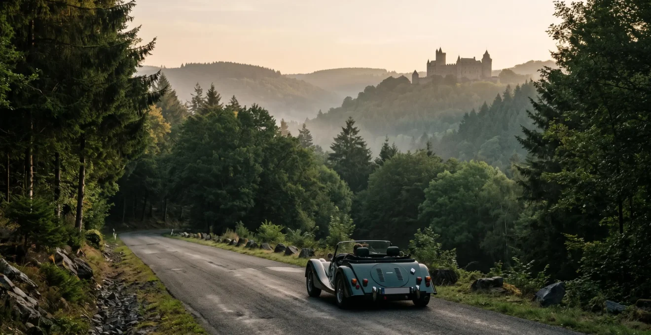 Voiture de collection roulant sur une route sinueuse des Ardennes belges au lever du jour, symbolisant un circuit touristique automobile