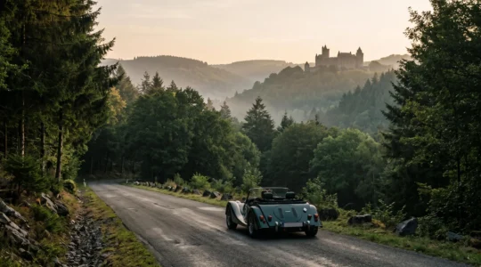 Voiture de collection roulant sur une route sinueuse des Ardennes belges au lever du jour, symbolisant un circuit touristique automobile