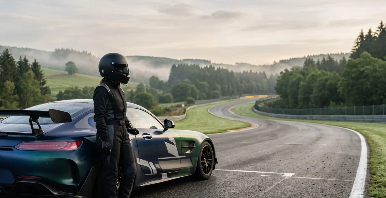 Pilote casqué au bord d'une piste de circuit belge entourée de forêt, au lever du jour, prêt à s'installer dans une voiture sportive