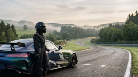 Pilote casqué au bord d'une piste de circuit belge entourée de forêt, au lever du jour, prêt à s'installer dans une voiture sportive