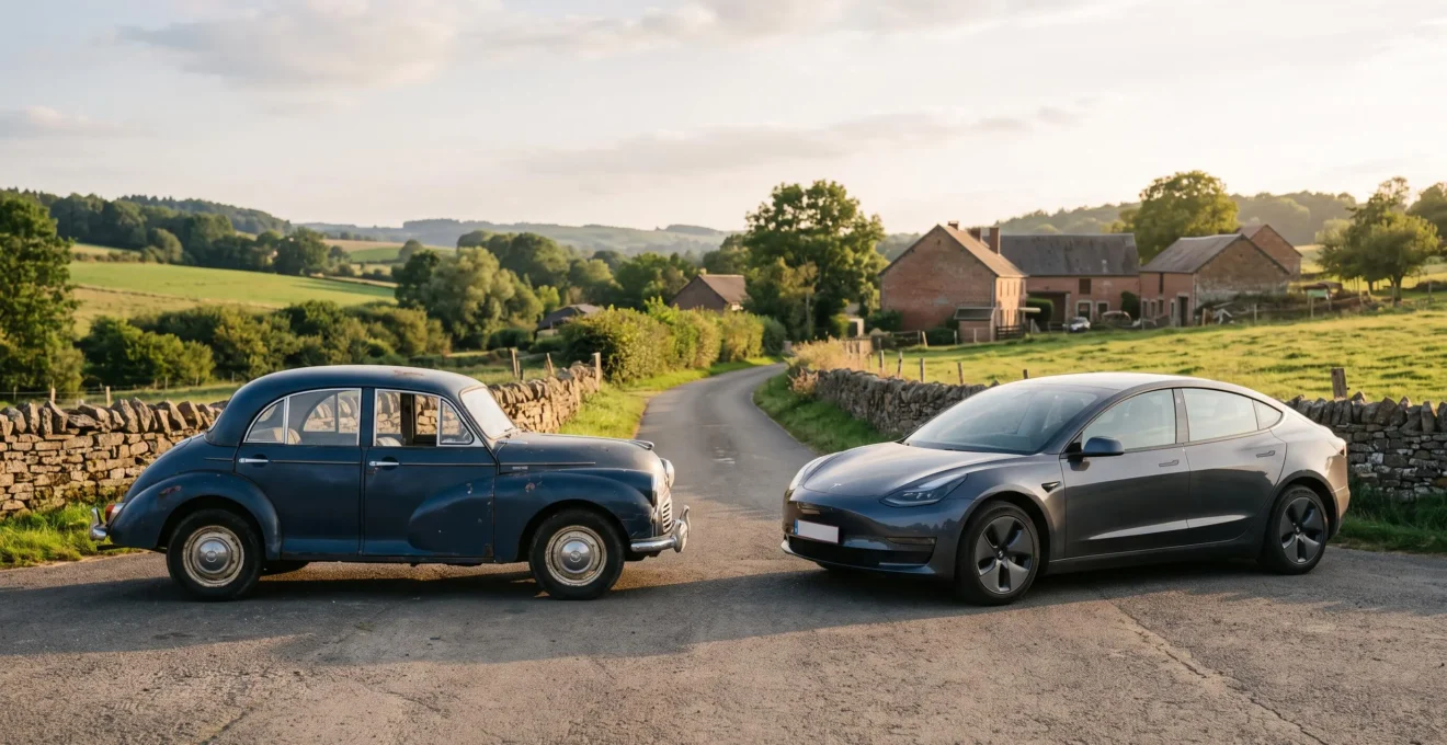 Une voiture thermique ancienne et une voiture electrique moderne garees cote a cote sur une route de campagne belge au coucher du soleil