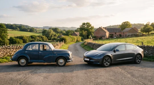 Une voiture thermique ancienne et une voiture electrique moderne garees cote a cote sur une route de campagne belge au coucher du soleil
