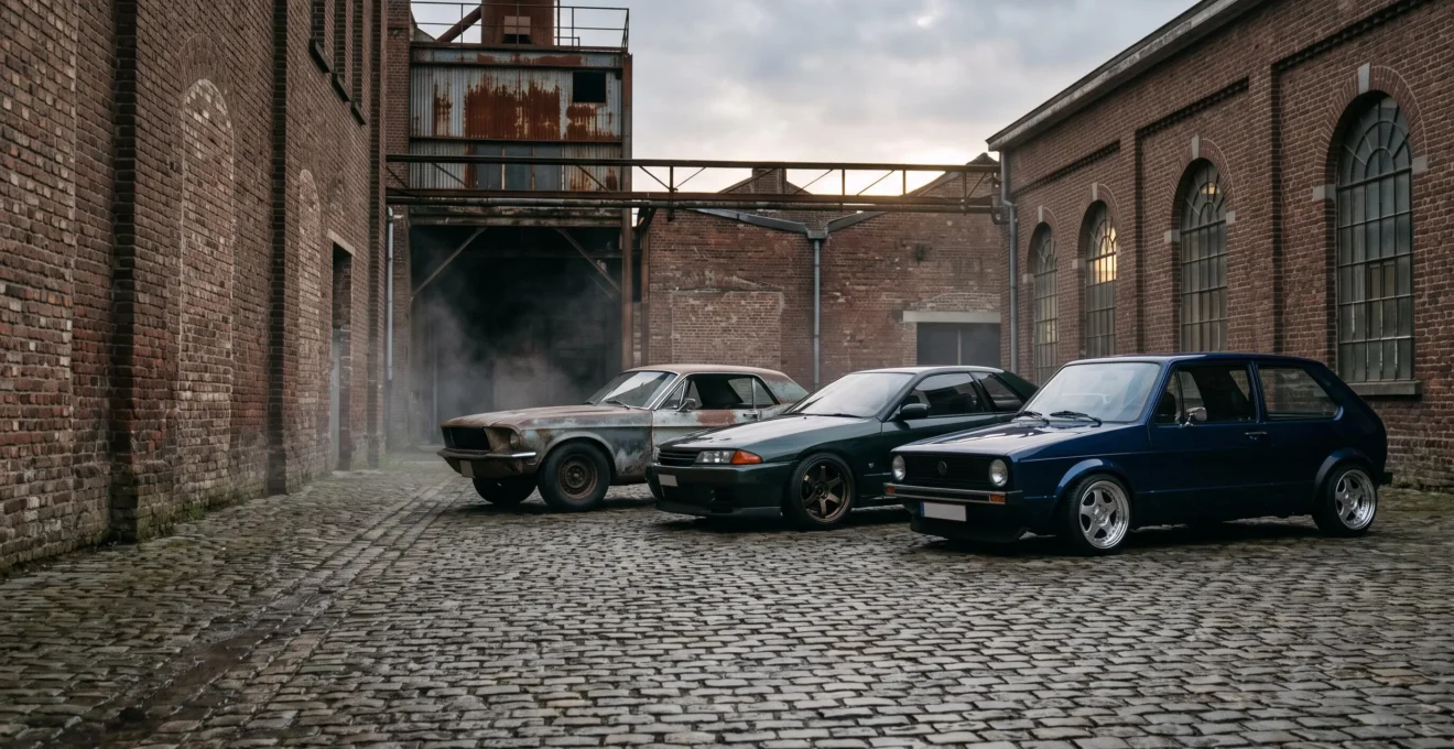 Trois voitures modifiées de styles JDM, Euro et Rat Look garées côte à côte dans un cadre industriel belge au crépuscule