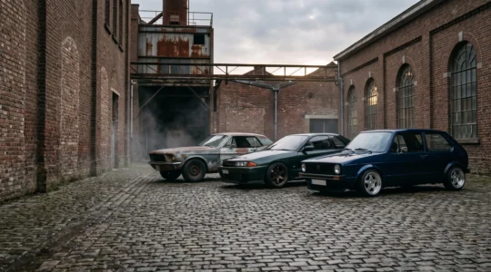 Trois voitures modifiées de styles JDM, Euro et Rat Look garées côte à côte dans un cadre industriel belge au crépuscule