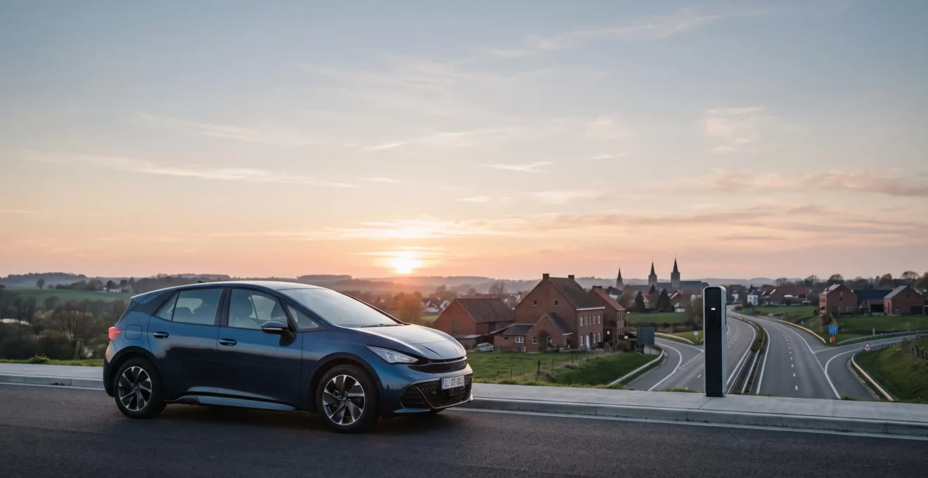 Route belge au crépuscule avec une voiture moderne stationnée face à un horizon en mutation, symbolisant l'incertitude de la valeur de revente
