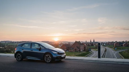 Route belge au crépuscule avec une voiture moderne stationnée face à un horizon en mutation, symbolisant l'incertitude de la valeur de revente