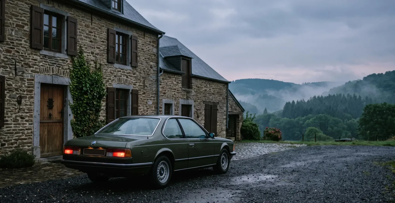 Voiture de collection garée dans une allée de gravier devant une bâtisse en pierre typique des Ardennes belges, symbolisant l'investissement patrimonial automobile