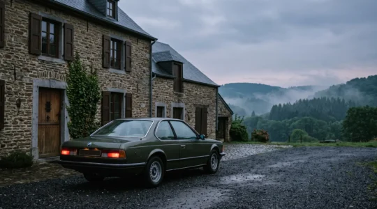 Voiture de collection garée dans une allée de gravier devant une bâtisse en pierre typique des Ardennes belges, symbolisant l'investissement patrimonial automobile
