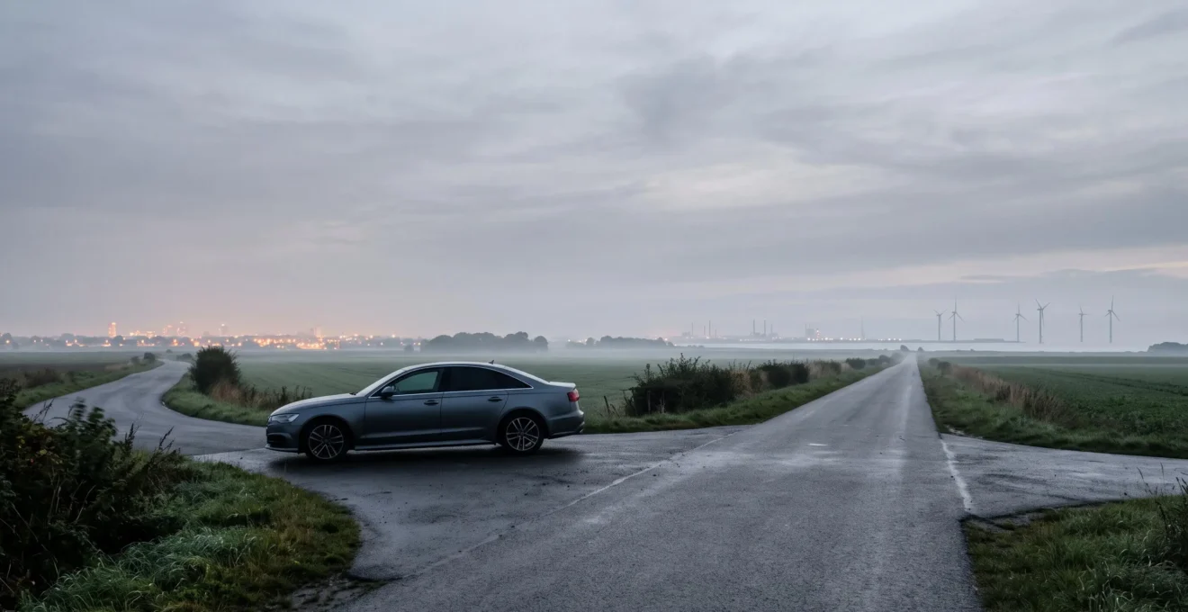 Une voiture à hydrogène à un carrefour routier belge symbolisant le choix entre plusieurs technologies énergétiques pour 2030