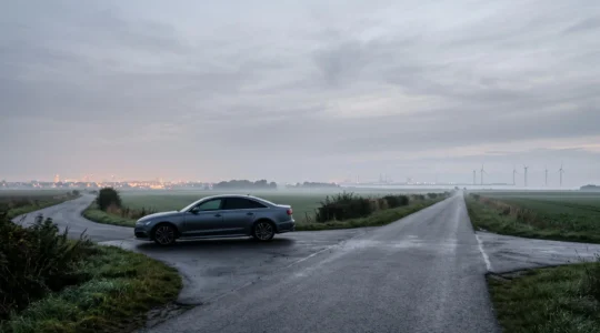 Une voiture à hydrogène à un carrefour routier belge symbolisant le choix entre plusieurs technologies énergétiques pour 2030