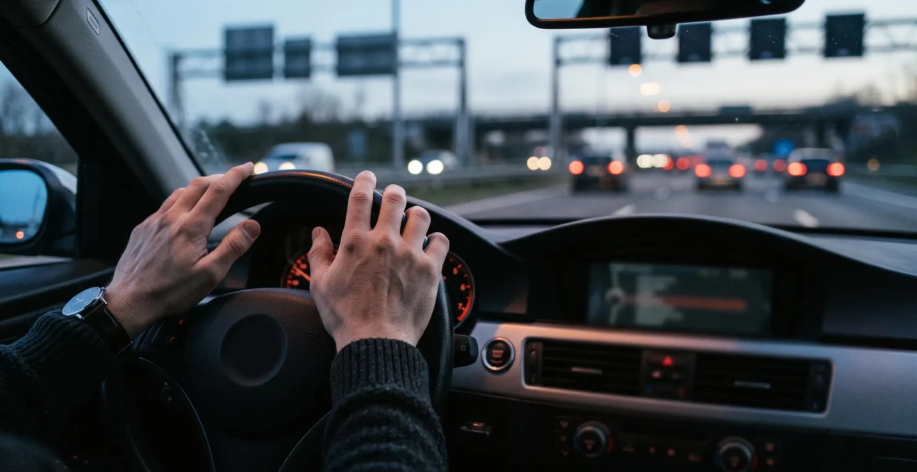 Conducteur les mains lâchant progressivement le volant sur une autoroute belge au crépuscule, symbole de la transition vers la conduite autonome