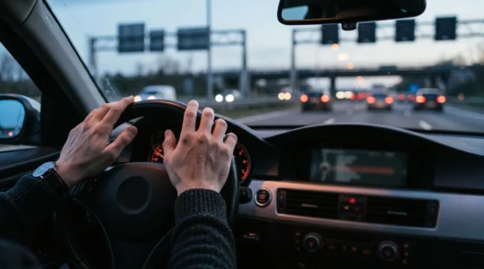 Conducteur les mains lâchant progressivement le volant sur une autoroute belge au crépuscule, symbole de la transition vers la conduite autonome