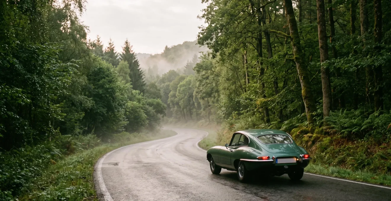 Voiture de collection roulant sur une route sinueuse des Ardennes belges au lever du jour