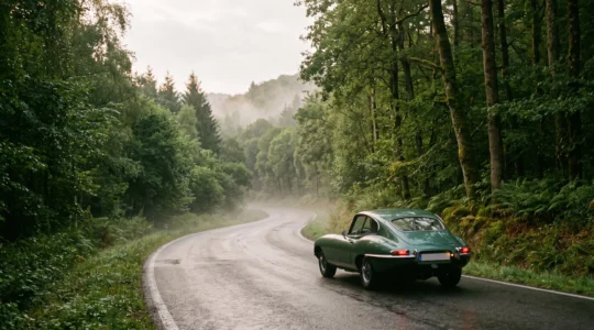 Voiture de collection roulant sur une route sinueuse des Ardennes belges au lever du jour