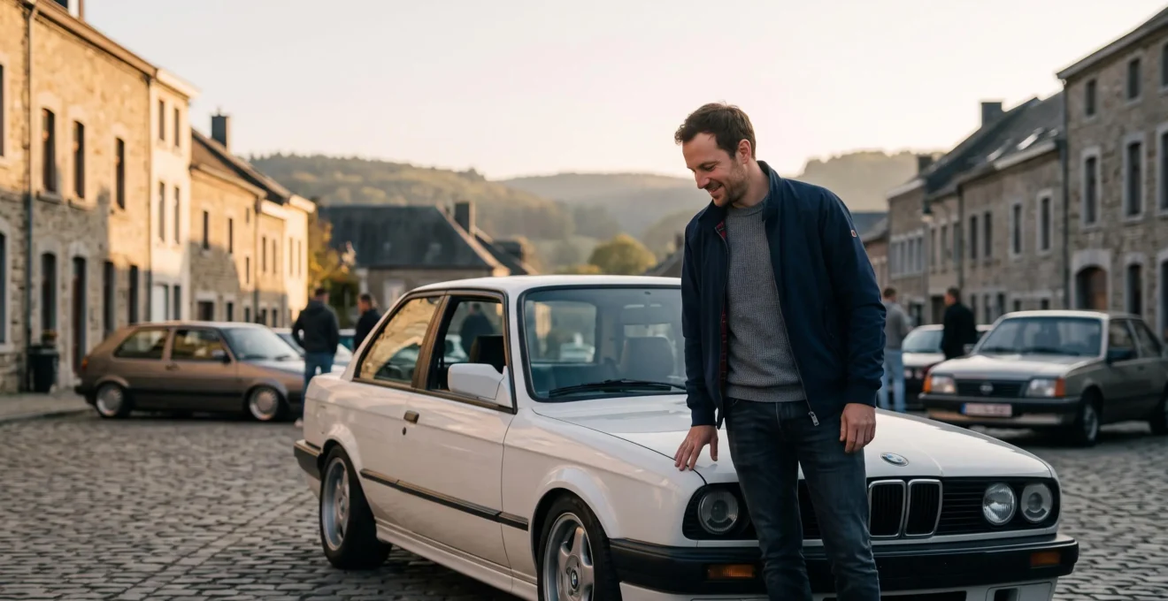 Un passionné pose la main sur le capot de sa voiture lors d'un rassemblement convivial sur une place pavée en Belgique, au lever du soleil