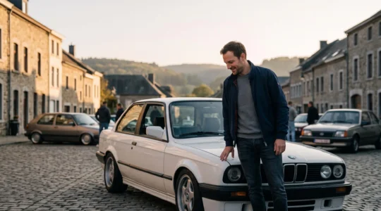 Un passionné pose la main sur le capot de sa voiture lors d'un rassemblement convivial sur une place pavée en Belgique, au lever du soleil