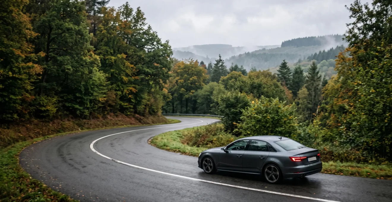 Voiture sportive négociant un virage sur une route sinueuse et vallonnée typique des Ardennes belges, sous une lumière naturelle douce