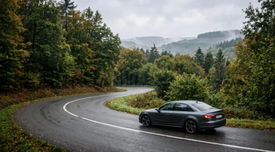 Voiture sportive négociant un virage sur une route sinueuse et vallonnée typique des Ardennes belges, sous une lumière naturelle douce
