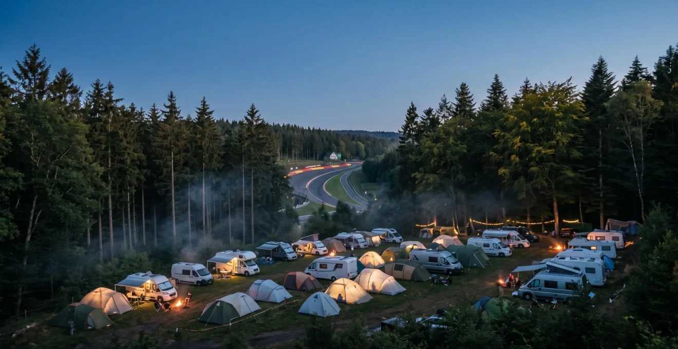 Ambiance nocturne d'un campement de spectateurs installé dans la forêt ardennaise près du circuit de Spa-Francorchamps