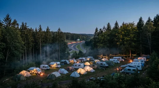Ambiance nocturne d'un campement de spectateurs installé dans la forêt ardennaise près du circuit de Spa-Francorchamps
